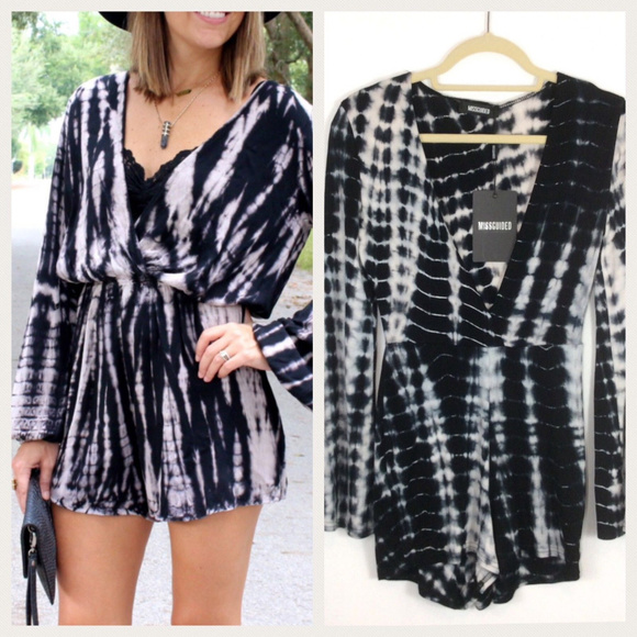 Missguided Pants - Missguided Tie Dye Romper Jersey Black White